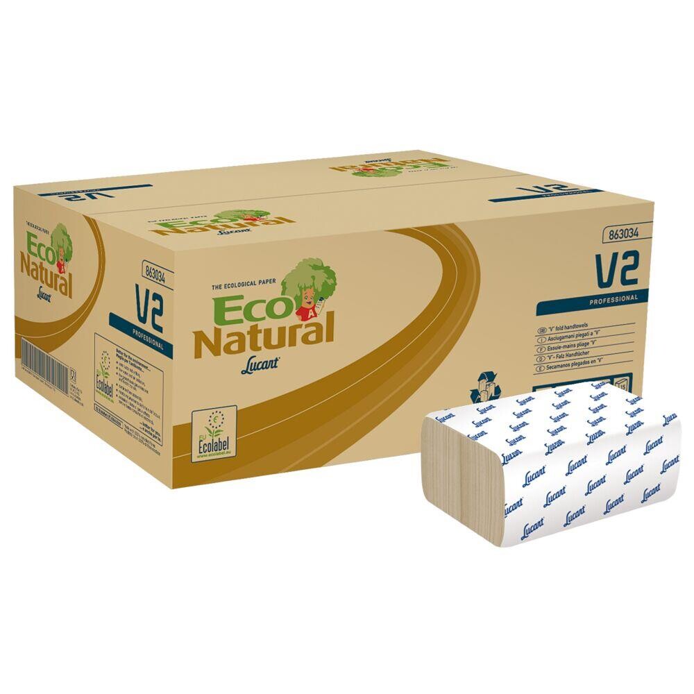 Håndklædeark, Lucart T3 Natural, 2-lags, V-fold, 21,8x21cm, ubleget, genanvendt papir - 3800 ark