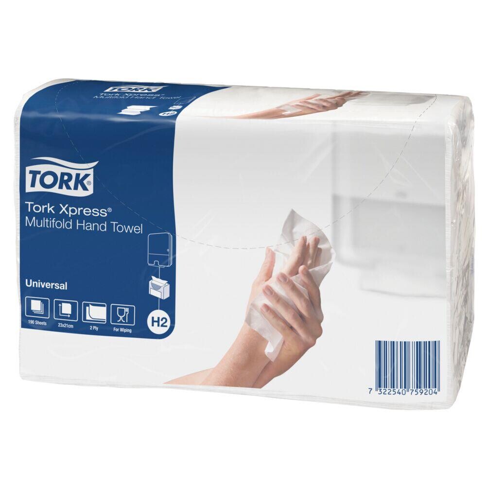 Håndklædeark Tork H2 Universal - 2-lags Z-fold 23,4x21,3cm 7,8 cm hvid - 190 ark pr pakke - 20 pakker