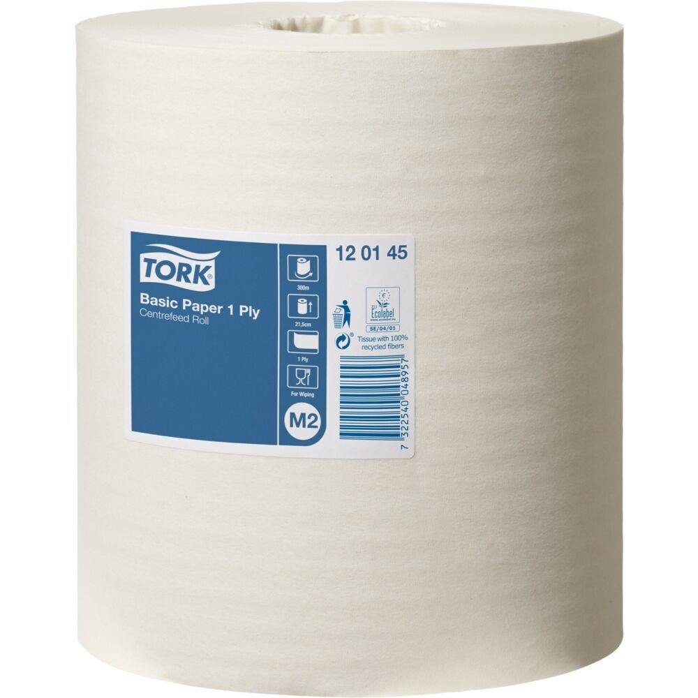 Håndklæderulle Tork M2 Basic 1-lags Midi 300m x 21,5cm Ø19cm hvid blandingsfibre uden hylse - 6 stk