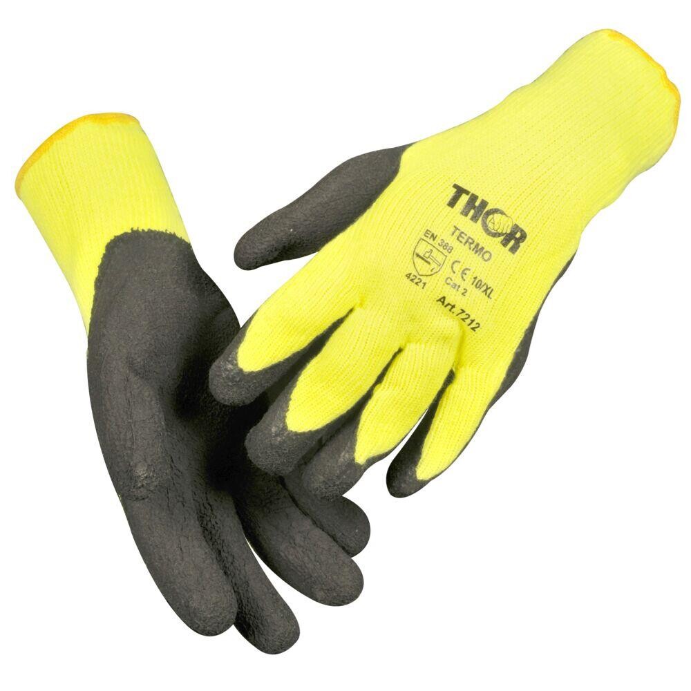 Halvdyppet latexhandske, THOR Thermo, 8, sort, latex/polyester, med gul ribkant - 12 par