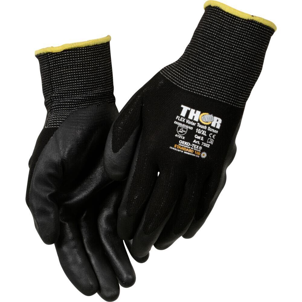 Nitrilhandske, Halvdyppet, THOR Flex Vinter, 10, sort, nitril/nylon, ribkant, touch screen - 12 par