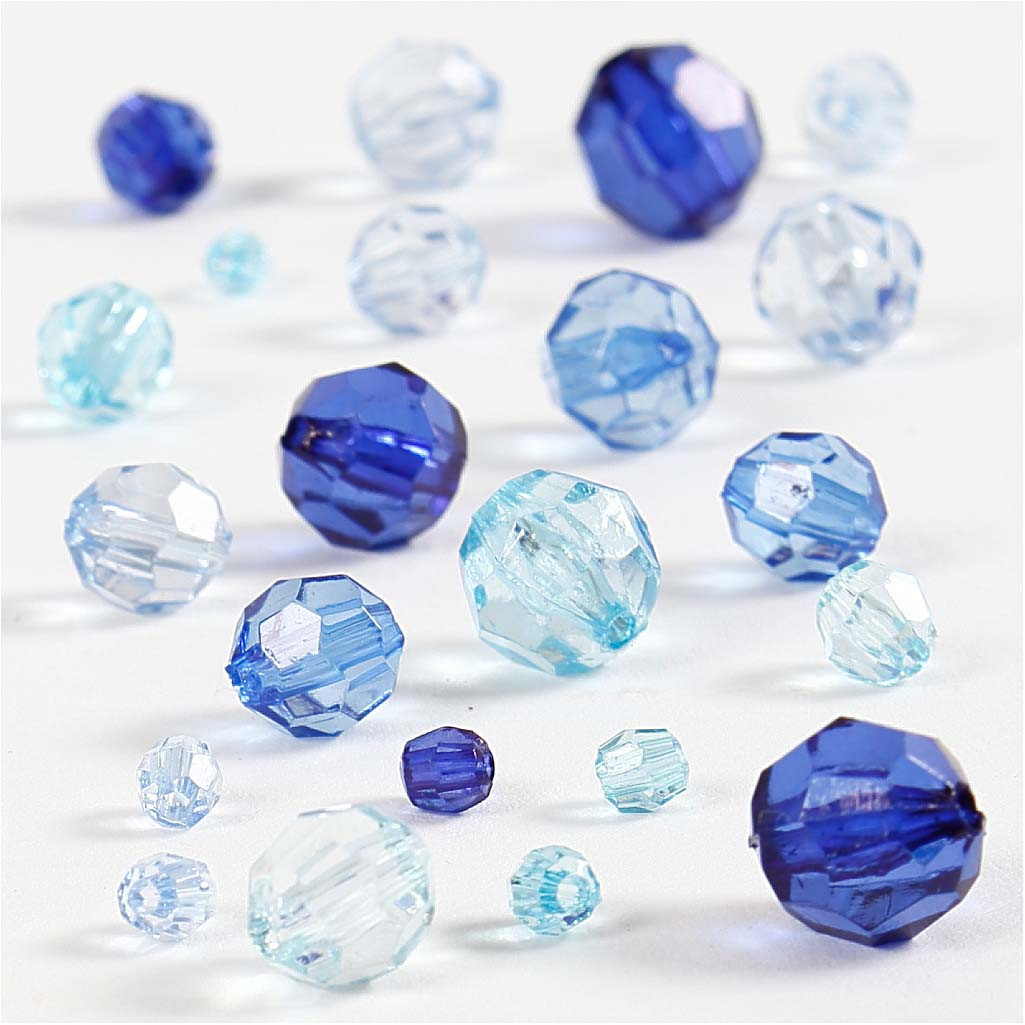 Harmoni facetperlemix, str. 4-12 mm, hulstr. 1-2,5 mm, blå harmoni, 250g, ca. 860 stk.