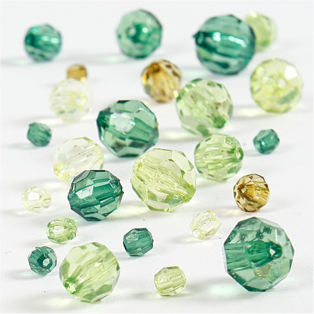 Harmoni facetperlemix, str. 4-12 mm, hulstr. 1-2,5 mm, grøn harmoni, 250g, ca. 860 stk.