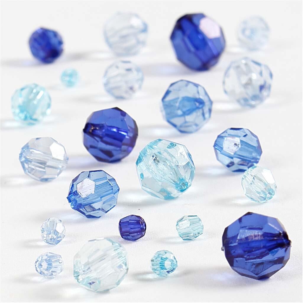 Harmoni facetperlemix, str. 4-12 mm, hulstr. 1-2,5 mm, blå harmoni, 45g, ca. 170 stk.