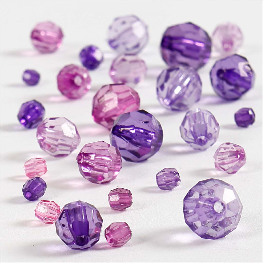 Harmoni facetperlemix, str. 4-12 mm, hulstr. 1-2,5 mm, lilla harmoni, 45g, ca. 170 stk.
