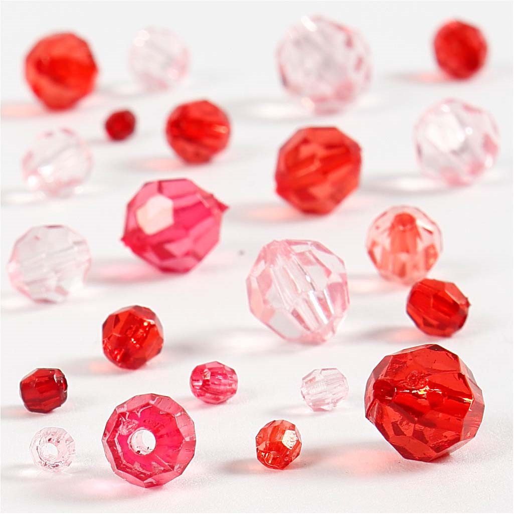 Harmoni facetperlemix, str. 4-12 mm, hulstr. 1-2,5 mm, rød harmoni, 45g, ca. 170 stk.