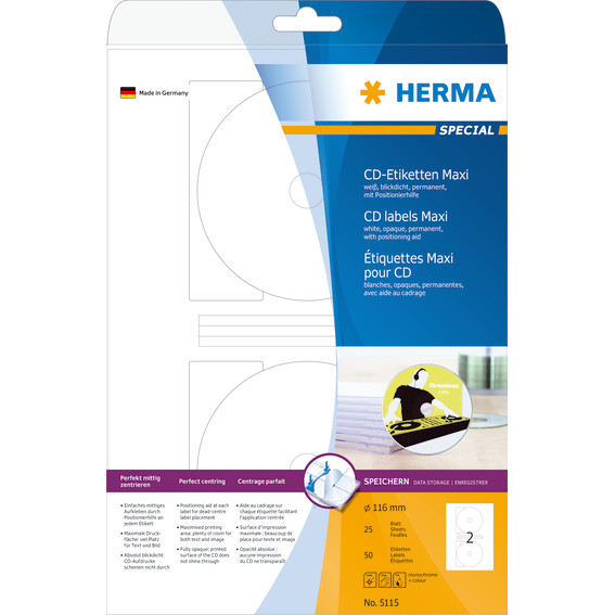 CD labels - Herma Maxi Ø116 mm - A4 - Hvid - 50 stk