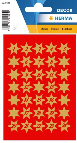 10 stk. Stickers Decor HERMA kalender stjerner 1-24 - Køb minimum 10 stk.