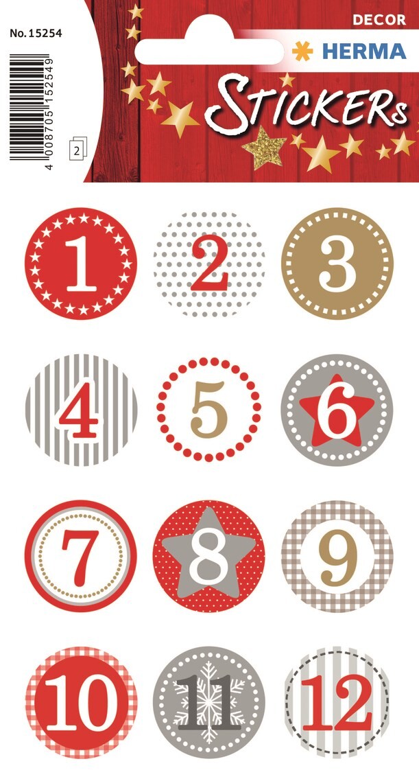 10 stk. Kalenderklistermærker - HERMA Stickers Decor - Rød 1-24 - 2 ark