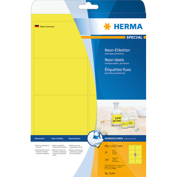 Etiketter - HERMA A4 - 99,1 x 67,7 mm - Luminans gul - 160 stk