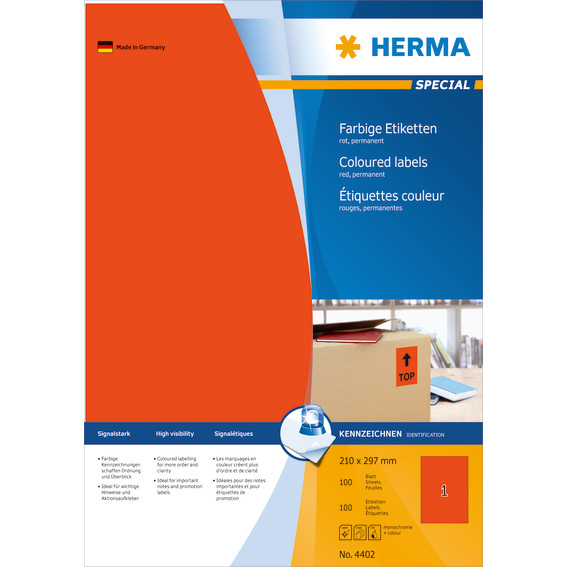 Labels HERMA red 210x297 A4 100 pcs.