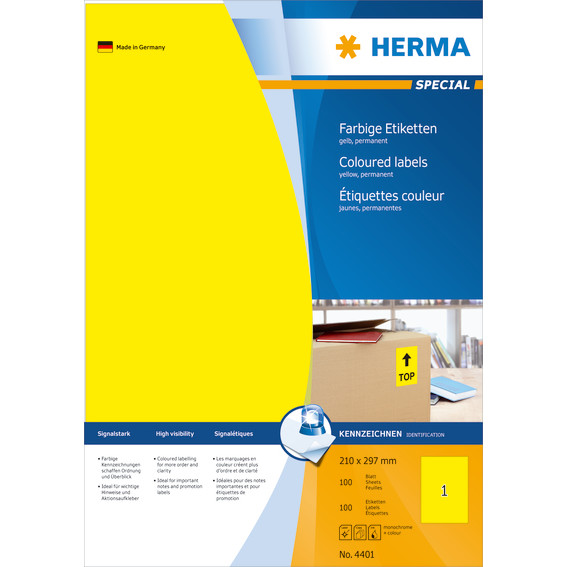 Etiketter - HERMA A4 - 210 x 297 mm - Gul - 100 stk