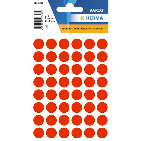 10 stk. Mærkatetiket rund - Herma ø13mm - Permanent klæb - Luminous rød - 240 stk