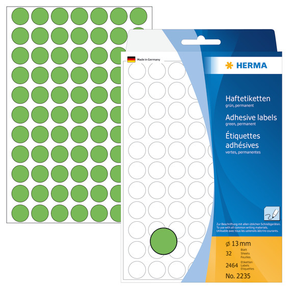 Mærkatetiket rund - Herma ø13mm - Permanent klæb - Grøn - 2464 stk