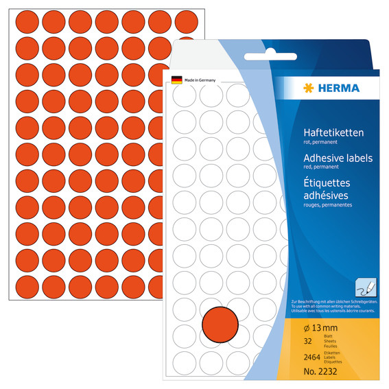 Mærkatetiket rund - Herma ø19mm - Permanent klæb - Luminous rød - 100 stk