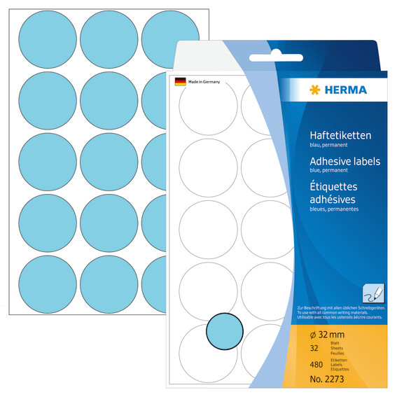 Runde klistermærker - HERMA Ø32 mm - Blå - 480 stk