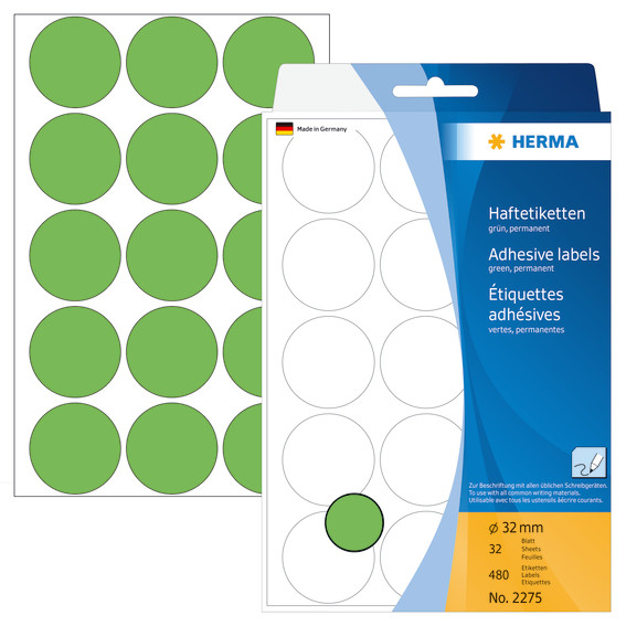 Mærkatetiket - Herma ø32mm - Permanent klæb - Grøn - 480 stk