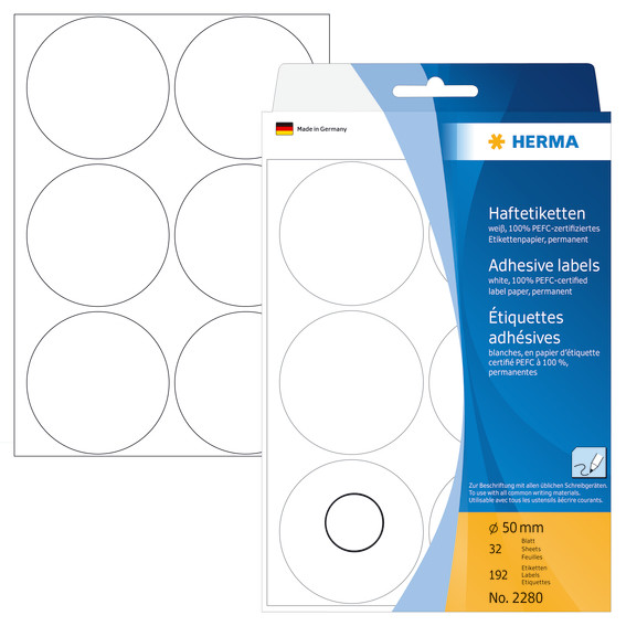 Klistermærker - HERMA Runde - Ø50 mm - Hvid - 192 stk