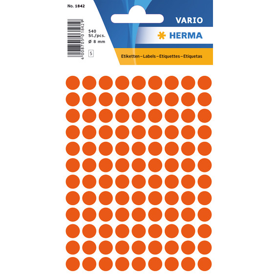 10 stk. Mærkatetiket rund - Herma ø8mm - Permanent klæb - Rød - 540 stk - Køb minimum 10 stk.