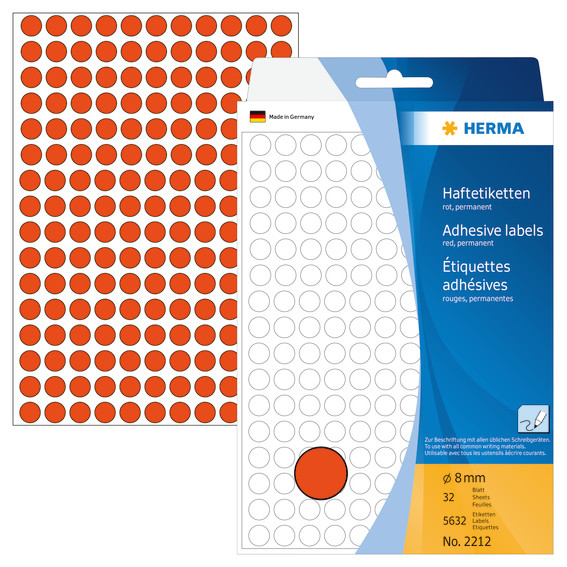 Mærkatetiket rund - Herma ø8mm - Permanent klæb - Rød - 5632 stk