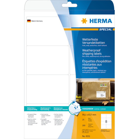Shipping labels - HERMA Vejrbestandige - A4 - 99,1x67,7 mm - Hvid - 200 stk
