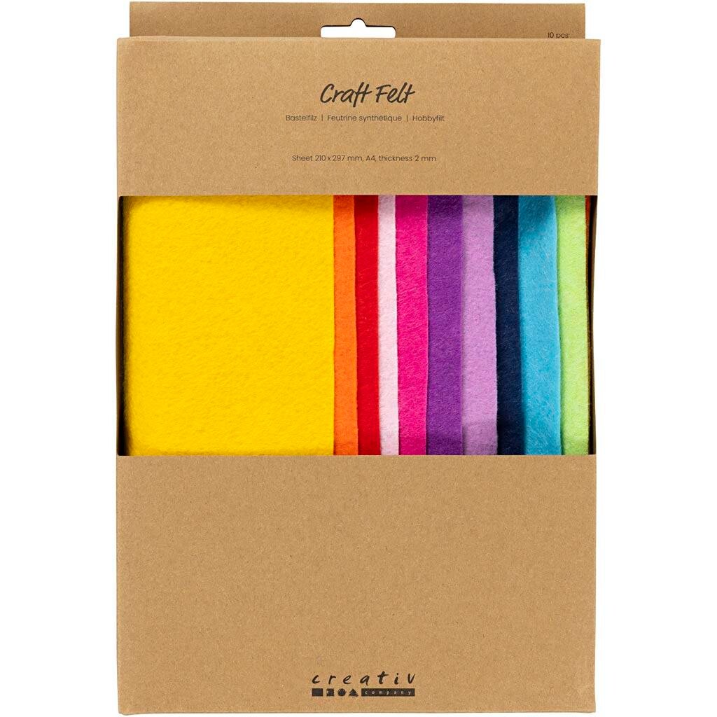 Hobbyfilt, A4, 210x297 mm, tykkelse 2 mm, colorful, 10 stk - 1 pakke