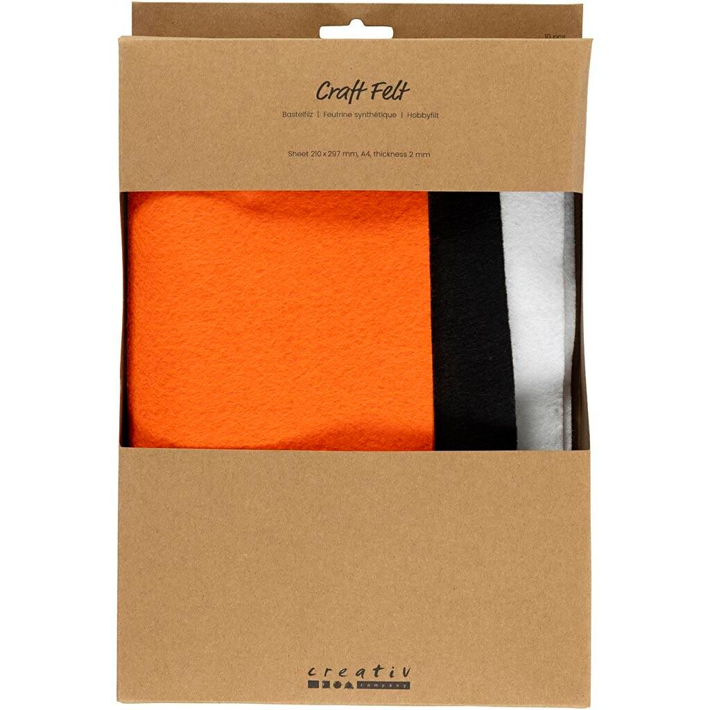Hobbyfilt, A4, 210x297 mm, tykkelse 2 mm, halloweenfarver, 10 stk - 1 pakke