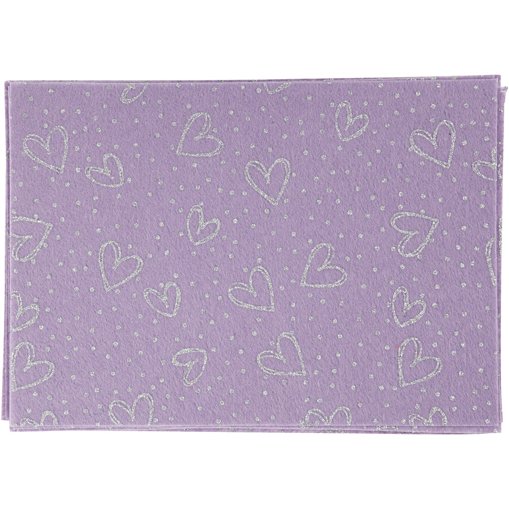 Hobbyfilt A4 21x30 cm tykkelse 1 mm lilla sølv glimmer hjerter og prikker - 10ark
