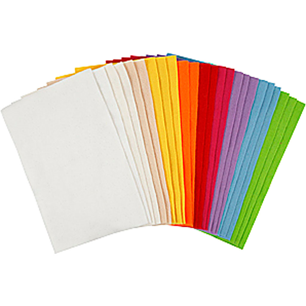 Hobbyfilt i ark 20 x 30 cm tykkelse 1,5 mm 180-200 g assorteret farver | 24 ark