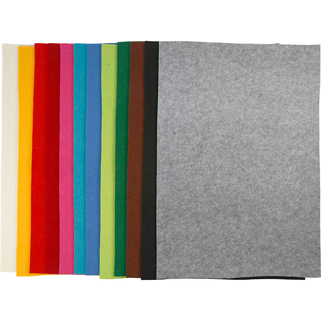 Filt ark 42 x 60 cm tykkelse 3 mm assorteret farver | 12 ark