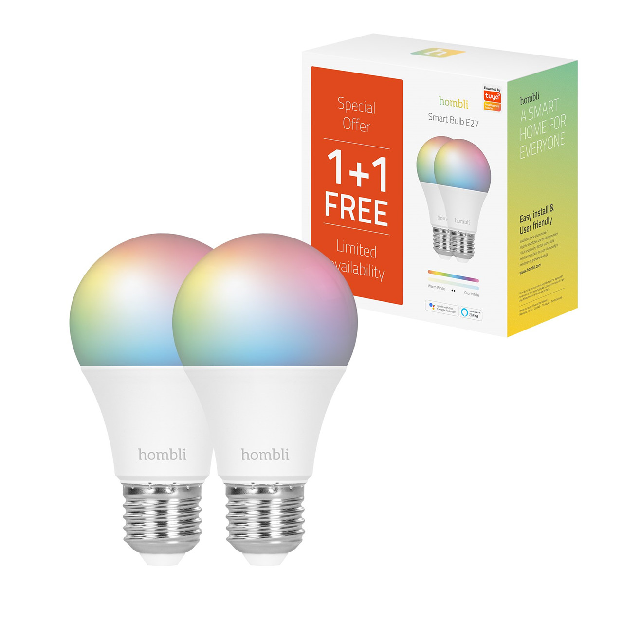 Smartpære - Hombli Smart Bulb 9W RGB & CCT (E27) - Promo Pack 1+1 - Wi-Fi