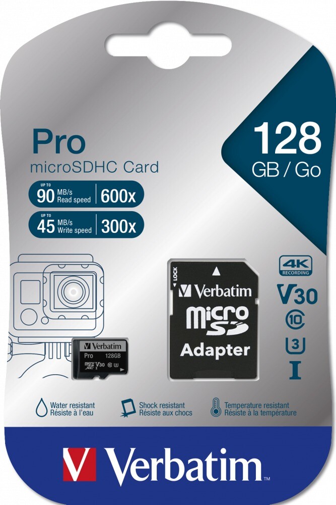 Micro SD kort - Verbatim microSDXC PRO 128GB - U3 - inkl. adapter