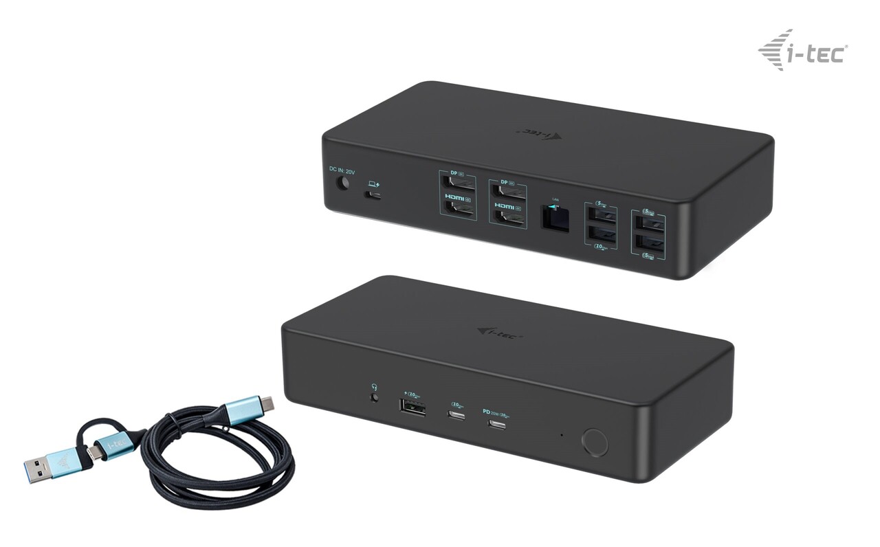 Dockingstation, i-tec, Univ dual dock 2xDP 2xHDMI 2xUSB-C 5xUSB-A GLAN 100W PD, sort
