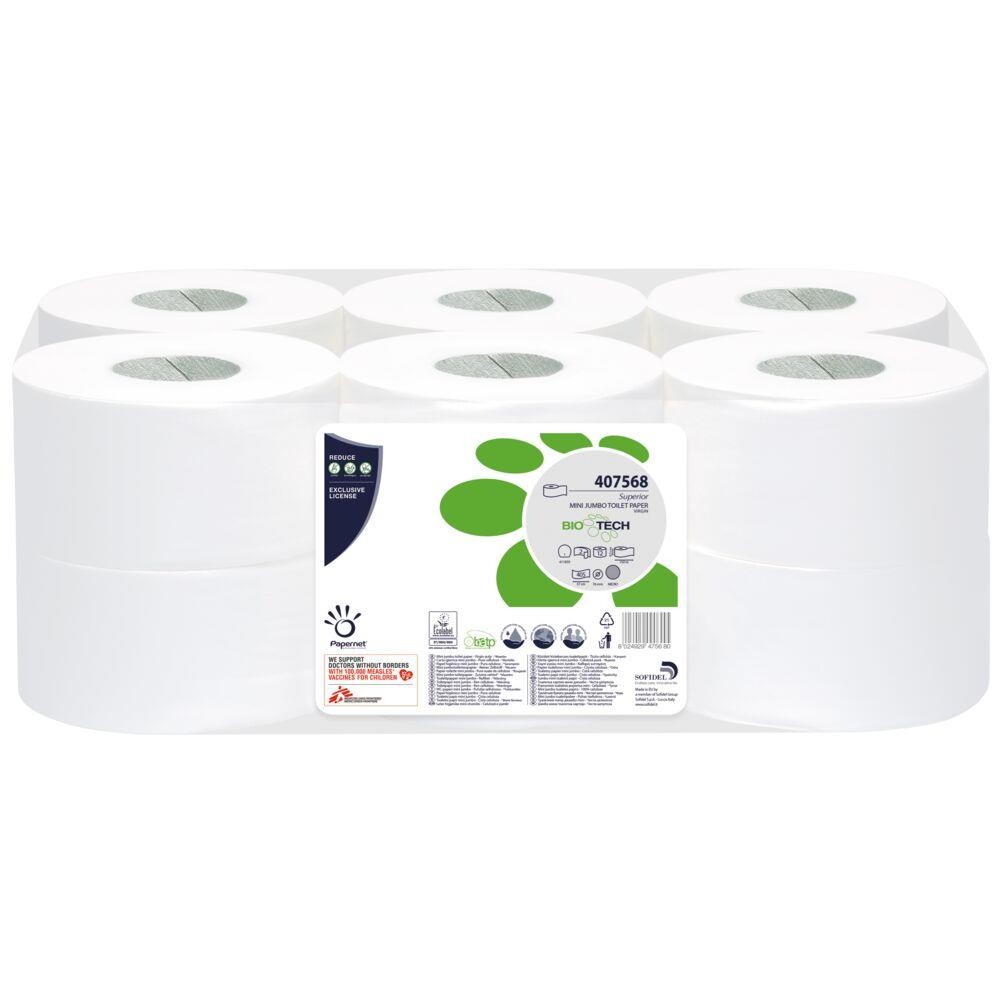 Jumborulle Biotech 2-lags hylse 76 mm mini 150 meter hvid | 405 ark - 12 stk