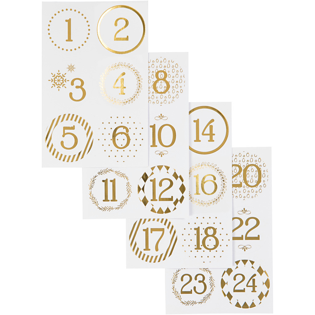 Kalendertal stickers diam. 40 mm ark 9x14 cm hvid guld - tallene 1-24