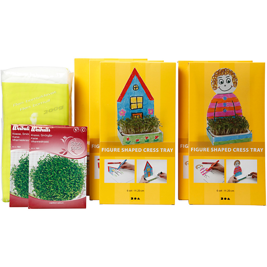Karsebakke-figurer - hvid pap 20 cm - med karsefrø og vat - 30 sæt