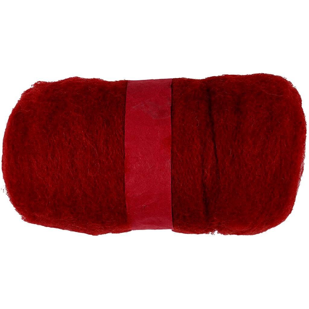 Kartet uld, varm rød, 100g