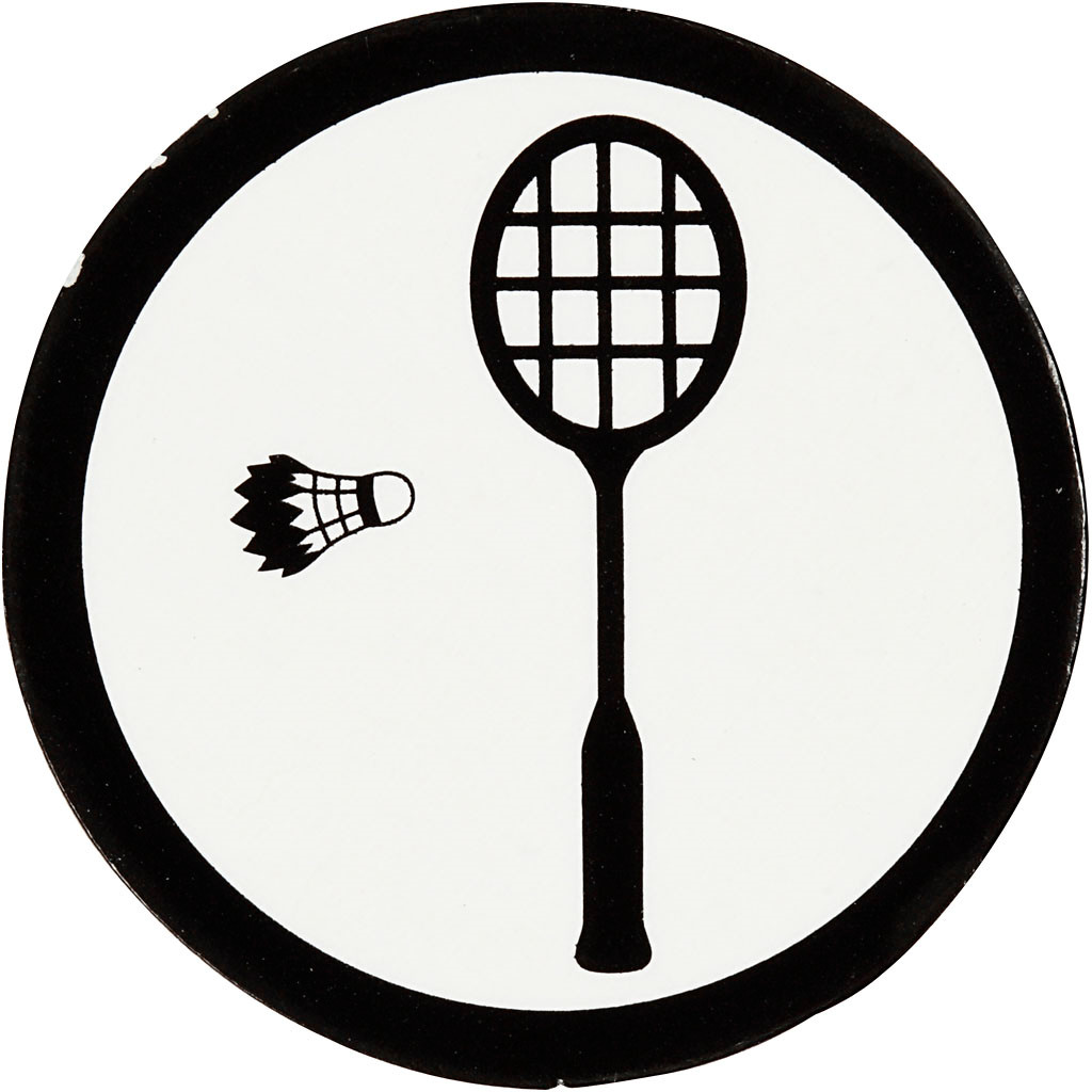 Kartonmærkat, diam. 25 mm, hvid/sort, badmintonketcher + fjerbold, 20stk.