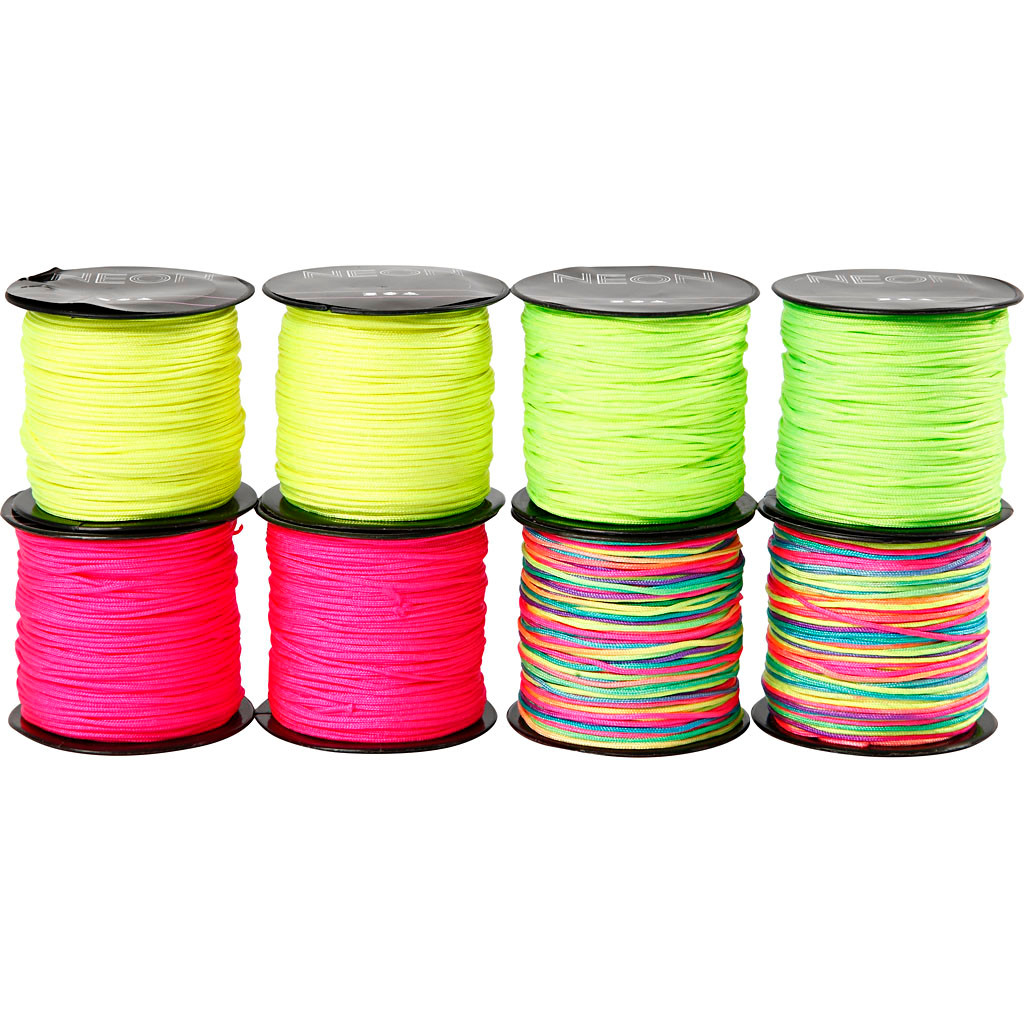 Knyttesnor - sortiment, tykkelse 1 mm, neonfarver, 8x28m