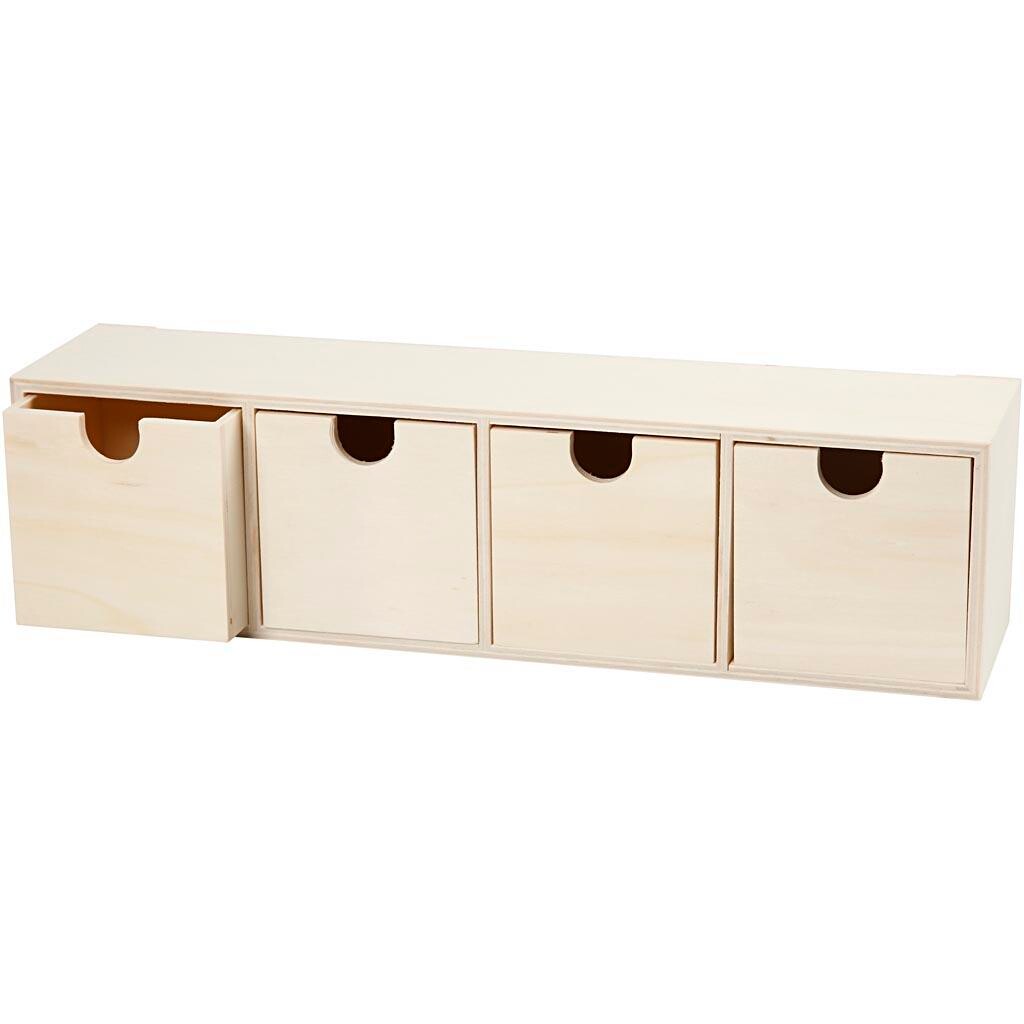 Kommode højde 9,2 x 34,7 cm indvendige mål 7,2 x 7,2 cm krydsfiner | 4 skuffer