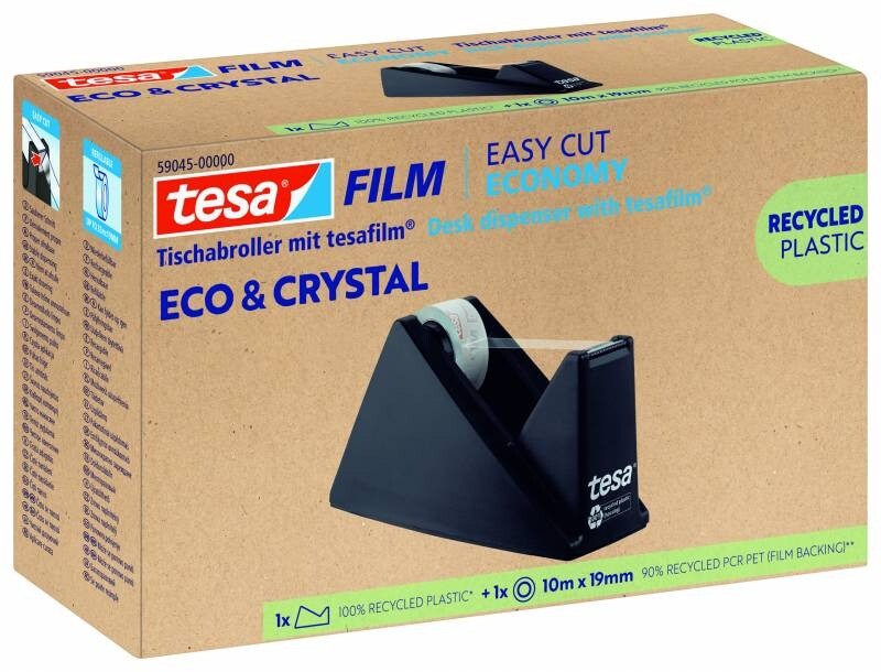 Kontortape - Tesa EcoLogo - 19 mm x 10 m - Klar - Inkl. Borddispenser Sort PCR PET