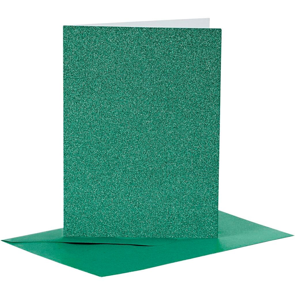 Kort og kuverter kort 10,5 x 15 cm kuvert 11,5 x 16,5 cm grøn glitter - 4 sæt