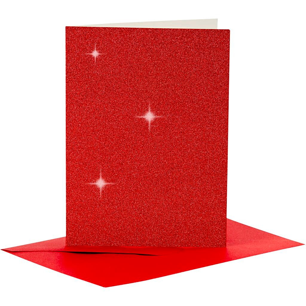 Kort og kuverter kort 10,5 x 15 cm kuvert 11,5 x 16,5 cm rød glitter - 4 sæt