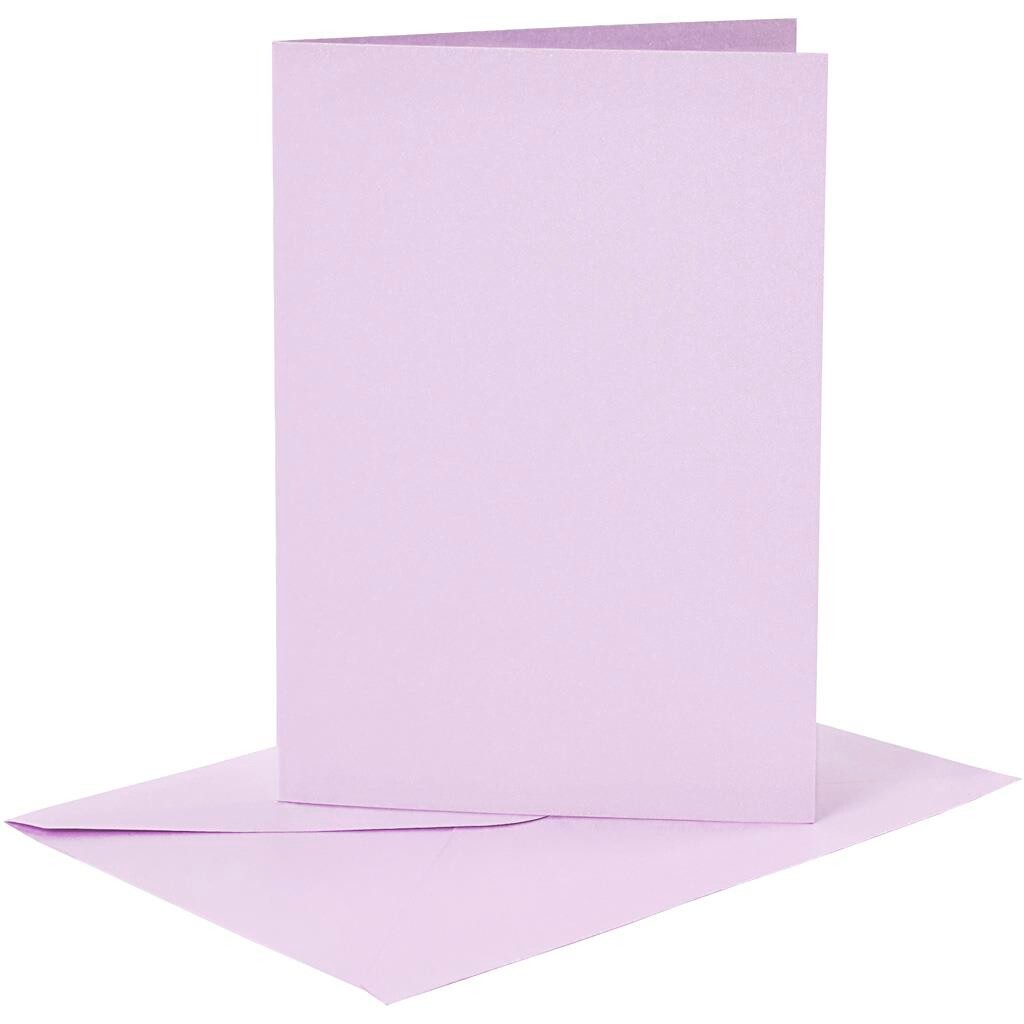Kort og kuverter, kort str. 10,5x15 cm, kuvert str. 11,5x16,5 cm, lys lilla, 6sæt