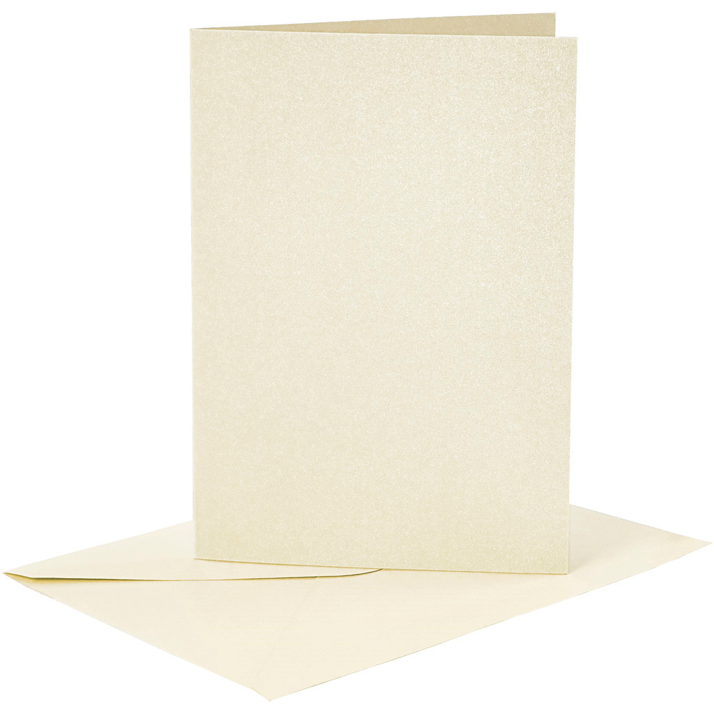 Kort og kuverter, kort str. 10,5x15 cm, kuvert str. 11,5x16,5 cm, råhvid, perlemor, 4sæt