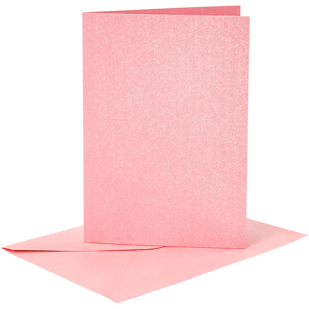 Kort og kuverter, kort str. 10,5x15 cm, kuvert str. 11,5x16,5 cm, rosa, perlemor, 4sæt
