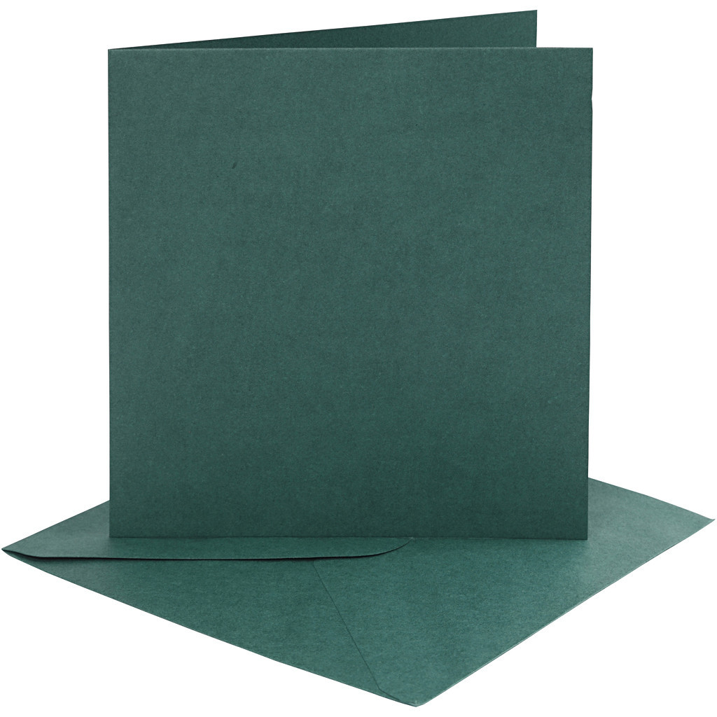Kort og kuverter, kort str. 15,2x15,2 cm, 230 g, mørk grøn, 4sæt, kuvert str. 15,5x15,5 cm