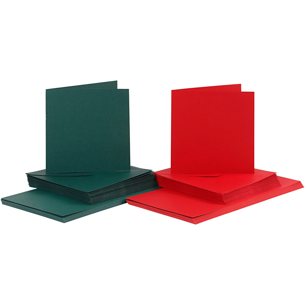 Kort og konvolutter kort 15 x 15 cm konvolut 16 x 16 cm grøn rød - 50 sæt