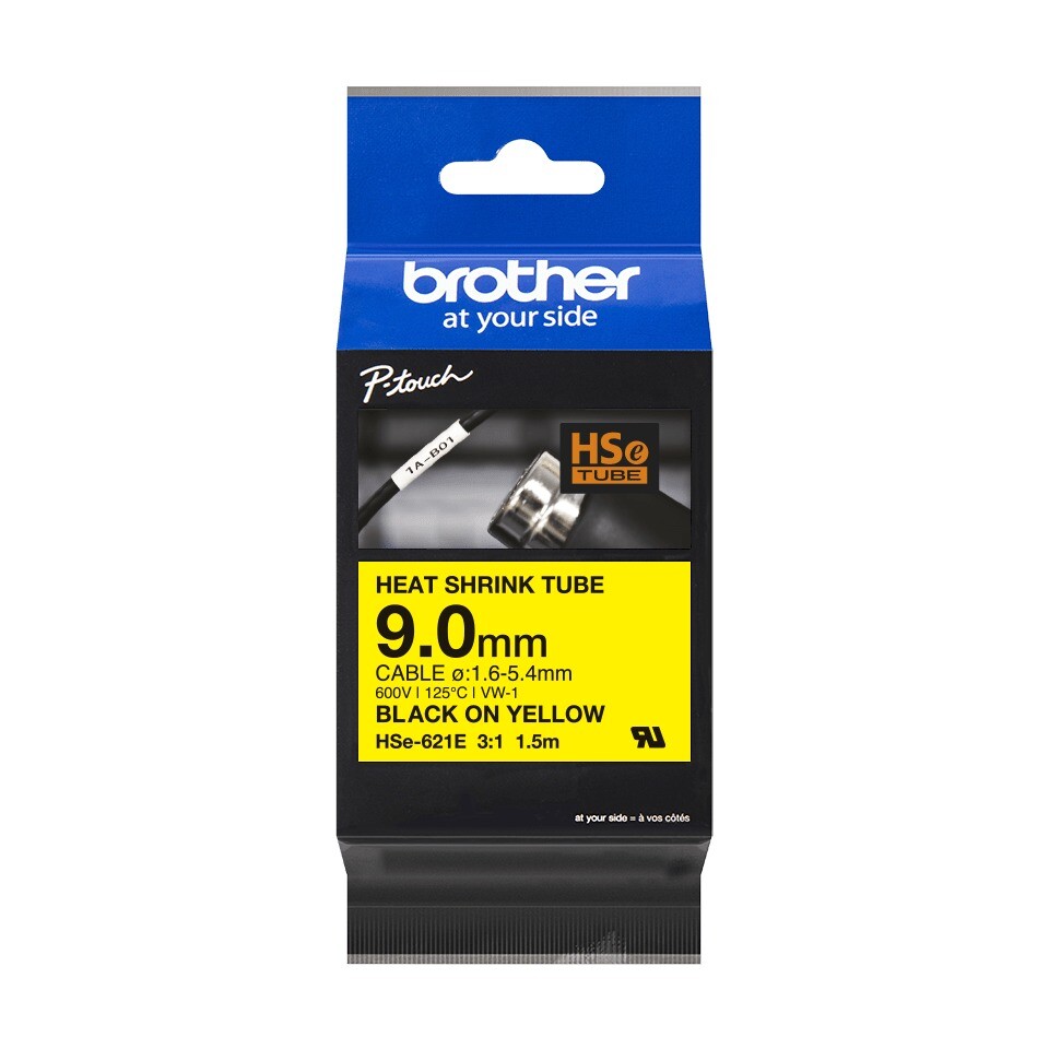 Krympetape flextape Brother HSe-221E sort på gul – 9 mm