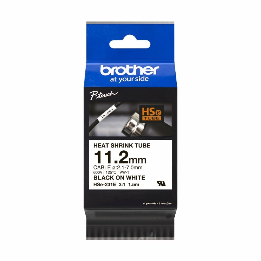 Krympetape flextape Brother HSe-231E sort på hvid – 11,2 mm